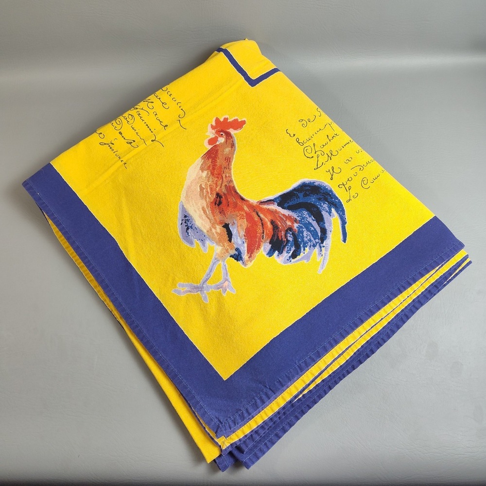Williams Sonoma Rooster Script Tablecloth 70x108 Rectangle French Country Yellow